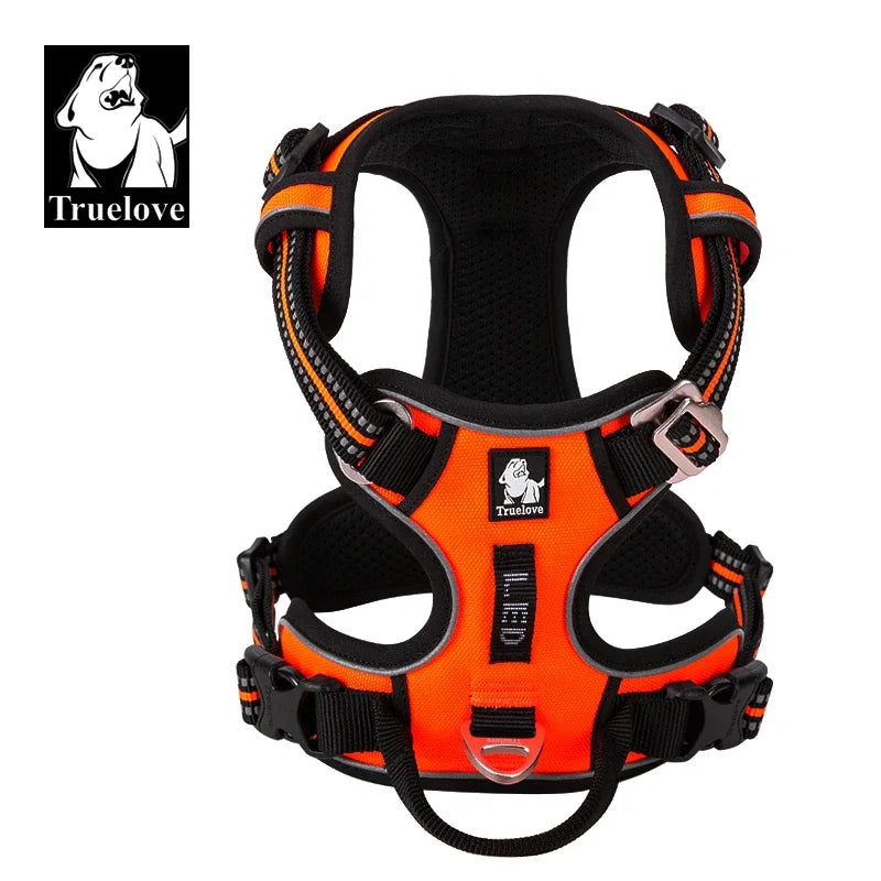 Black and orange dog harness with padded chest panel and buckles