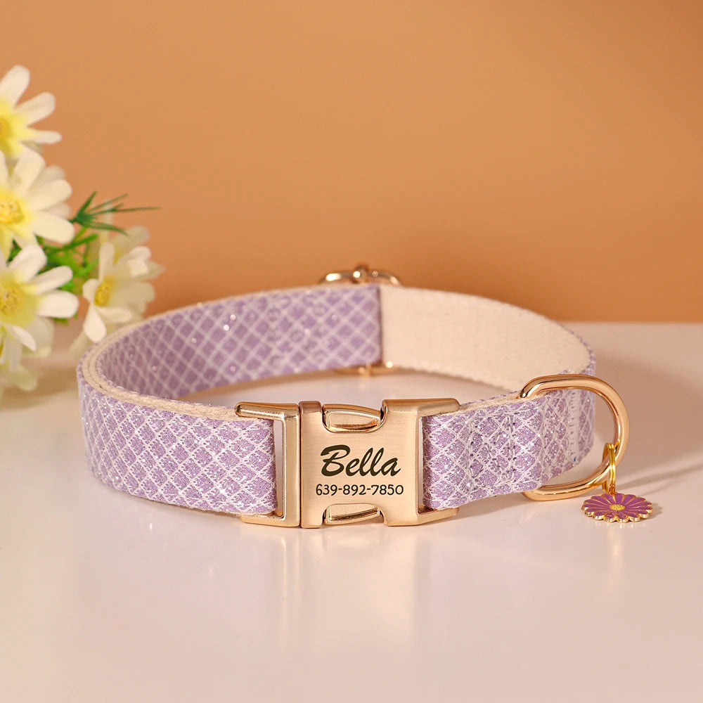 Custom Bling Nylon Dog Collar Free Engraved Puppy Dog ID Name Collars With Cute Flower Tag Accessory For Small Medium Dogs Cats - PrimeNest