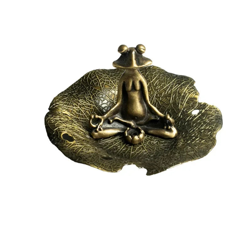 Zen Frog Incense Burner Backflow Holder Alloy Meditation Decor with Lotus Leaf Base Relaxing Home Ornament for Yoga Feng Shui - PrimeNest