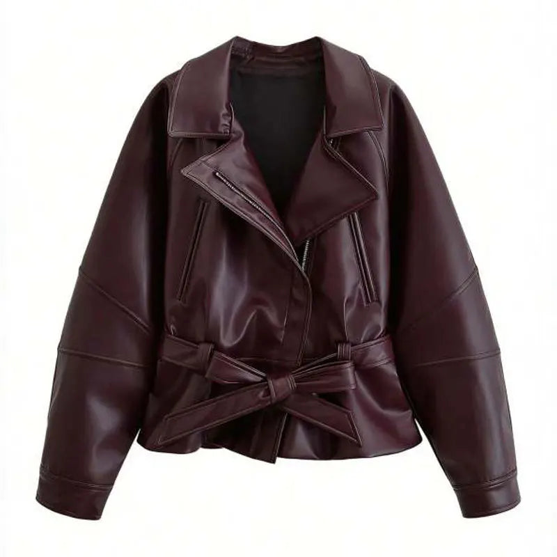 HH Women Fashion Black Short Faux Leather Trench Coat Long Sleeve Lapel Jacket With Belt Vintage Lady Motorcycle Jacket Outwear - PrimeNest