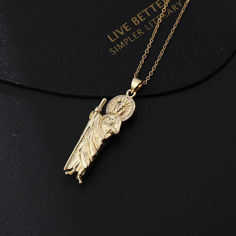 Stainless Steel Holy Death Necklace Saints Gold Color Plated Pendant Necklace Death Scythe Charms Christian Jewelry Santa Muerte