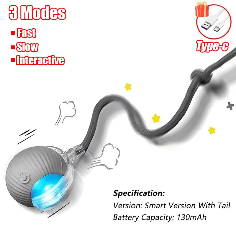 New Cat Interactive Ball Toy Automatic Rolling Ball Faux Tail Rechargeable Smart Pet Electric Toy Dog Cat Training Imitate Mouse - PrimeNest