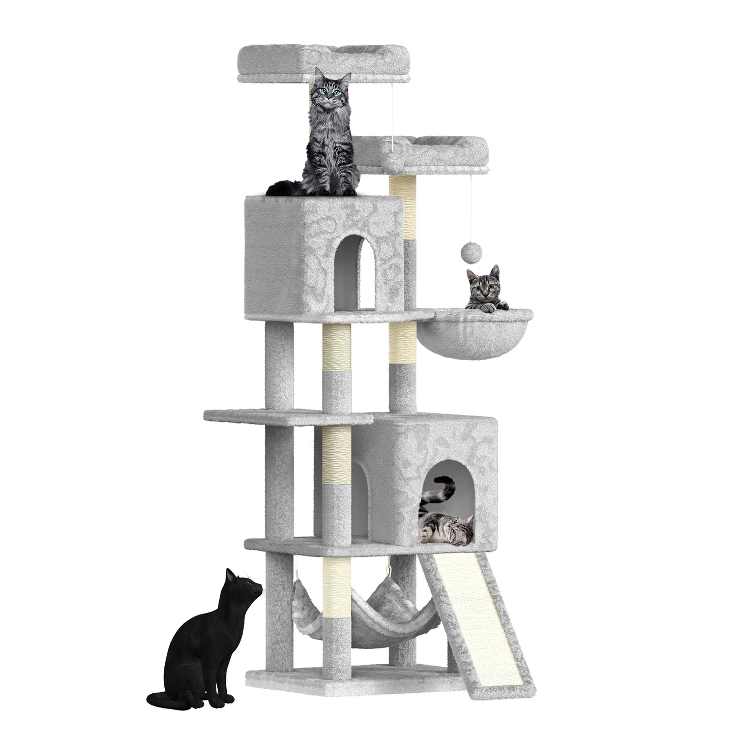 158cm Multi-Level Cat Tree with Scratching Board & Post - Stable Cat Tower with Perch, Large Pet Playhouse - PrimeNest
