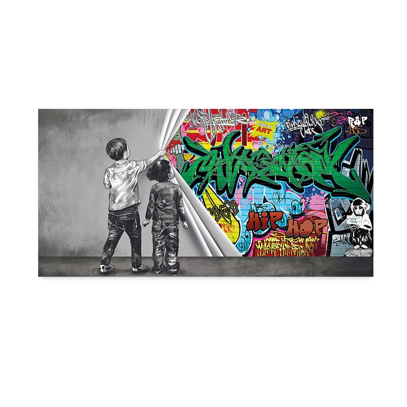 Banks Graffiti Art Fun Two Children Pulling Cloth Posters and Print Canvas Painting Wall Art Pictures for Living Room Home Decor