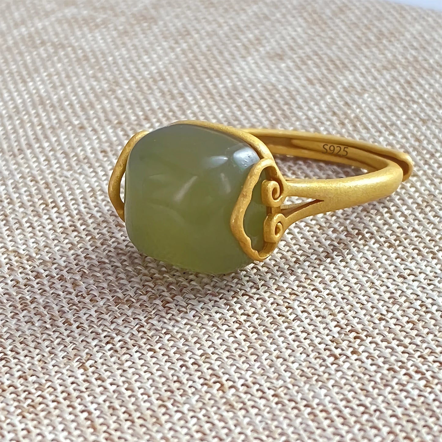 PANJBJ 925 Sterling Silver Hotan Jade Geometric Ring for Women Girl Adjustable Retro Delicate Jewelry Birthday Gift Dropshipping