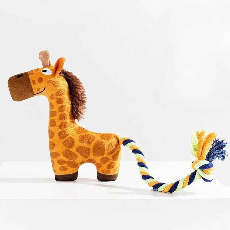 Plush squeaky zoo animal dog toy giraffe, yellow plush with braided rope tail and pom