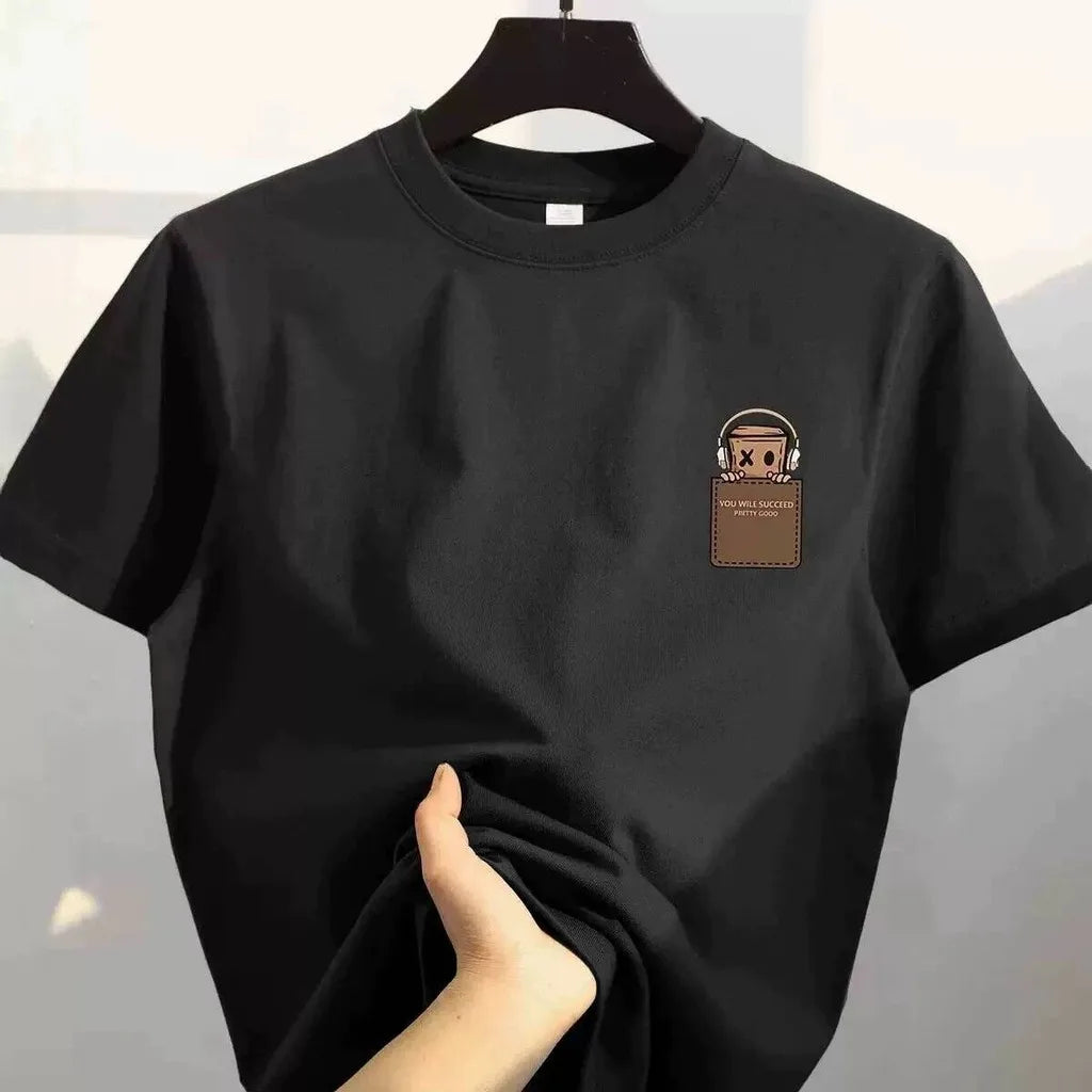 Black oversized unisex T-shirt with small chest graphic patch
