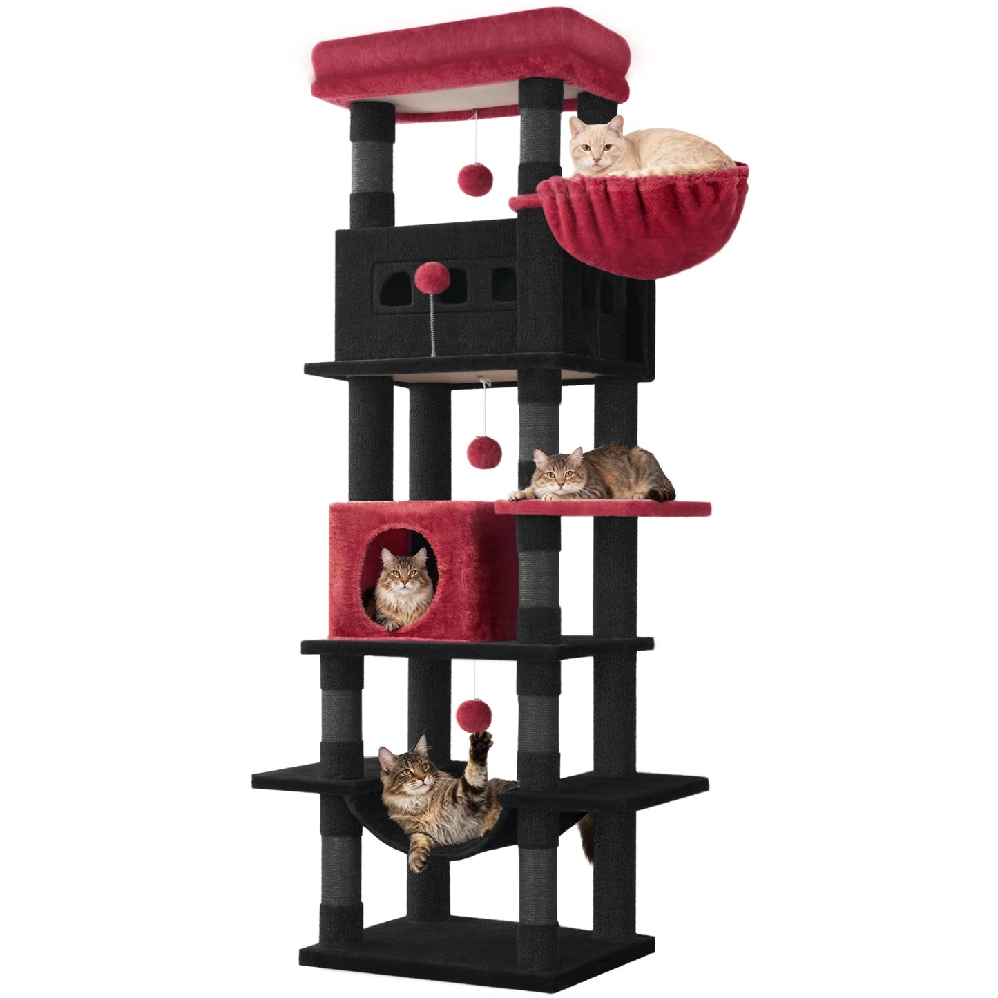 Cat Tree for Indoor Cats, 170 cm Large Tall Cat Tower, Multi-Level Cats House with Condo, 8 Scratching Posts, Hammock, 4 Pom Pom - PrimeNest