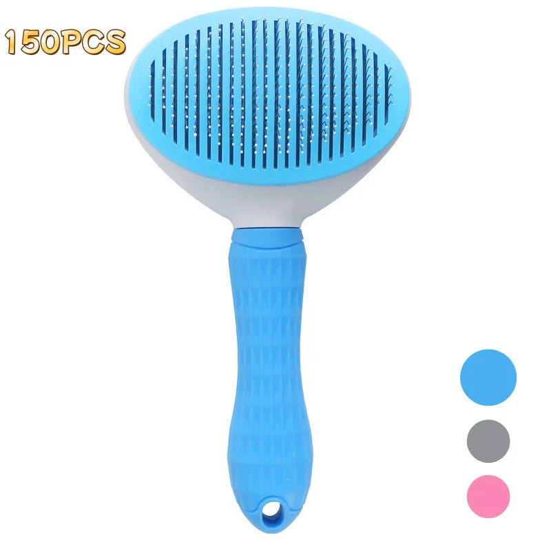 Blue self-cleaning pet brush with oval head and metal pins, textured grip handle