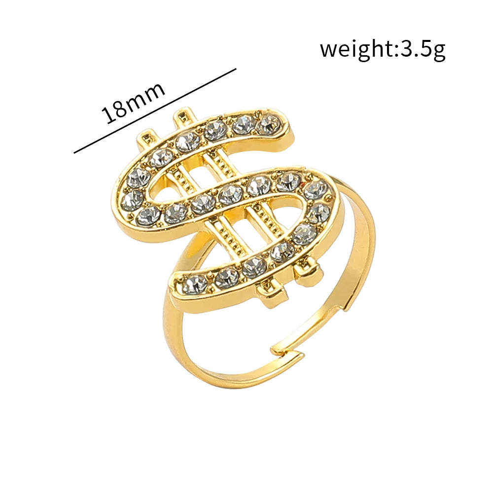 Adjustable Open Ring with Crystal Dollar Sign Punk Rapper Style Costume Jewelry for Trendy Fashion Accessory