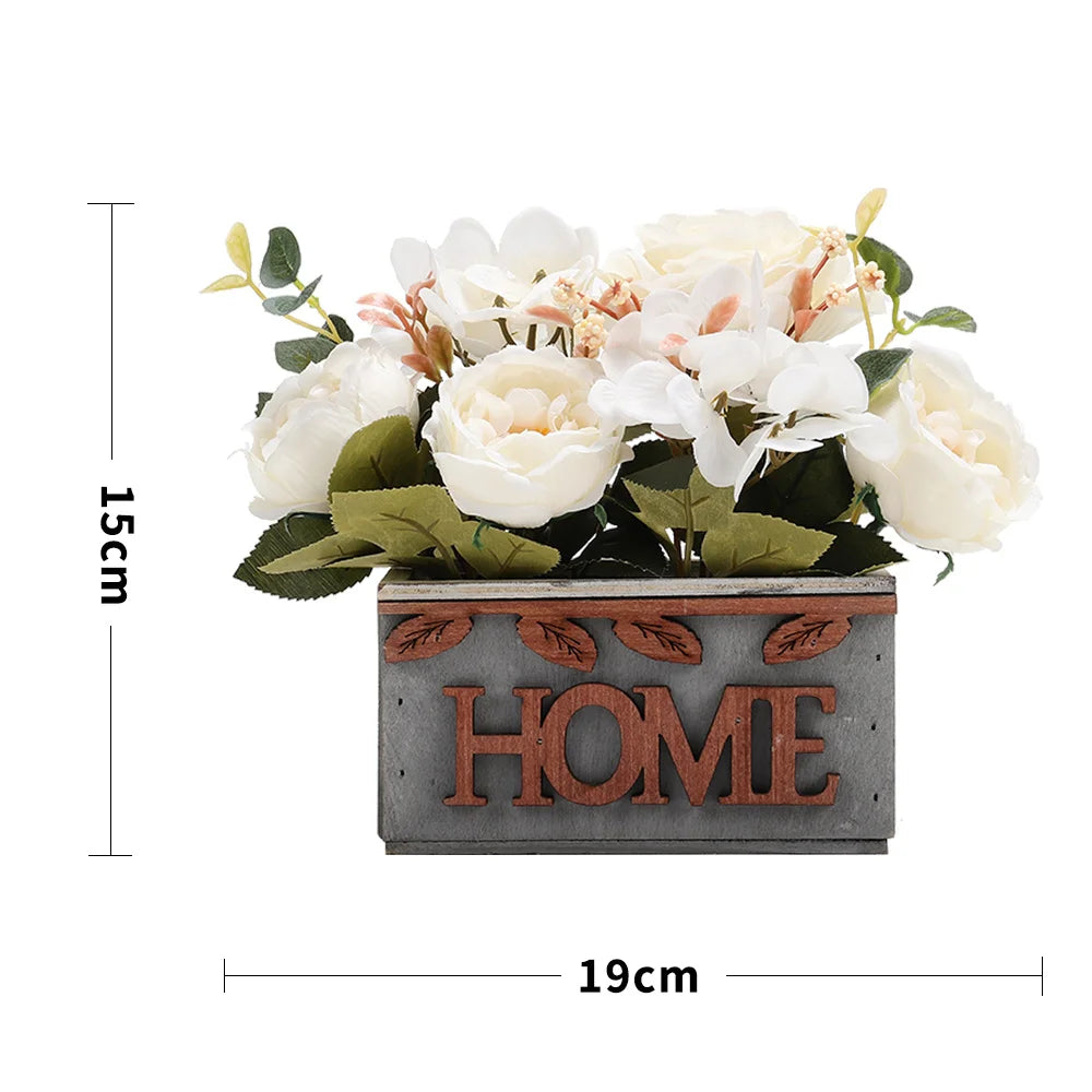 Artificial White Hydrangea in Wooden Pot