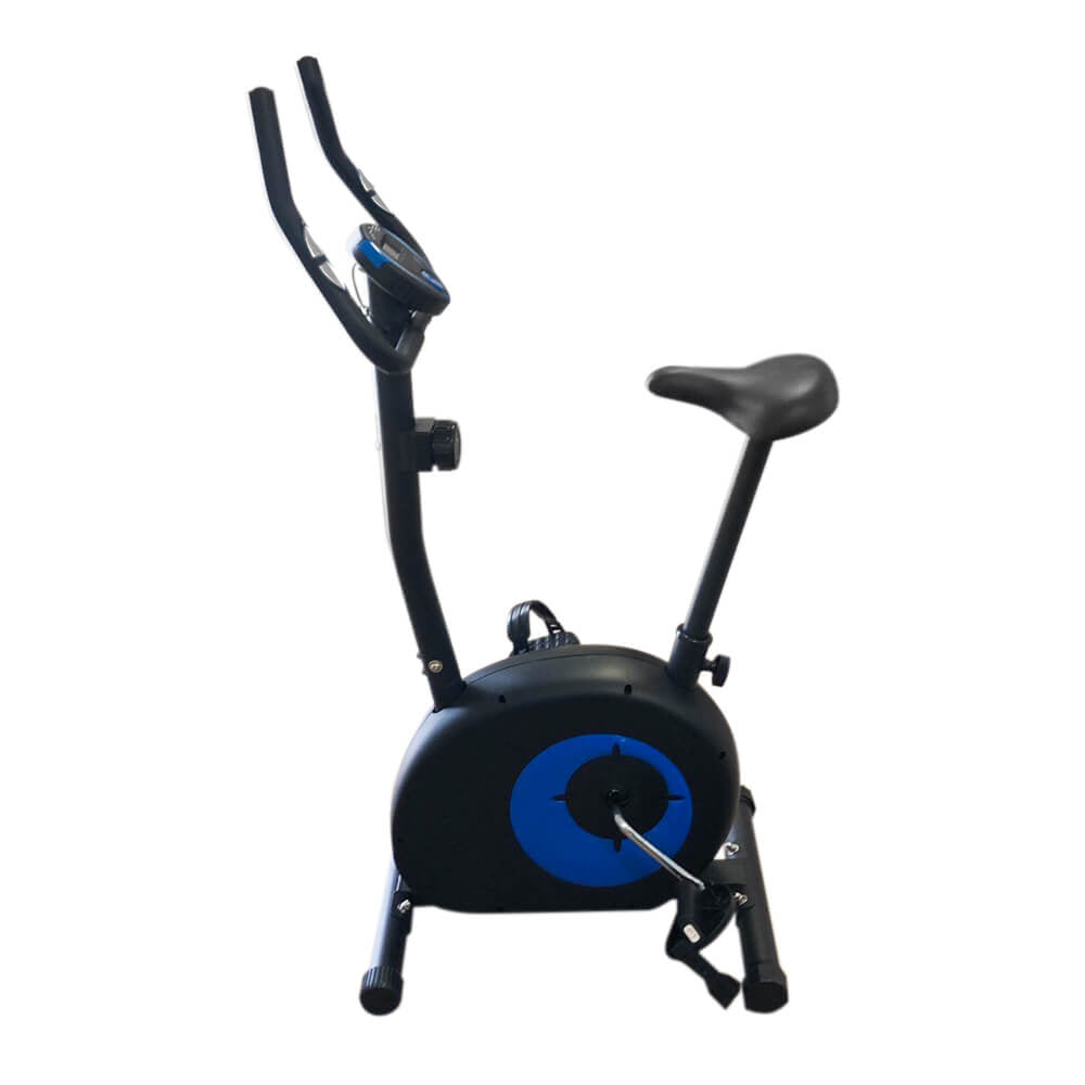 Black stationary bike with tall handlebars, contoured saddle, and blue flywheel