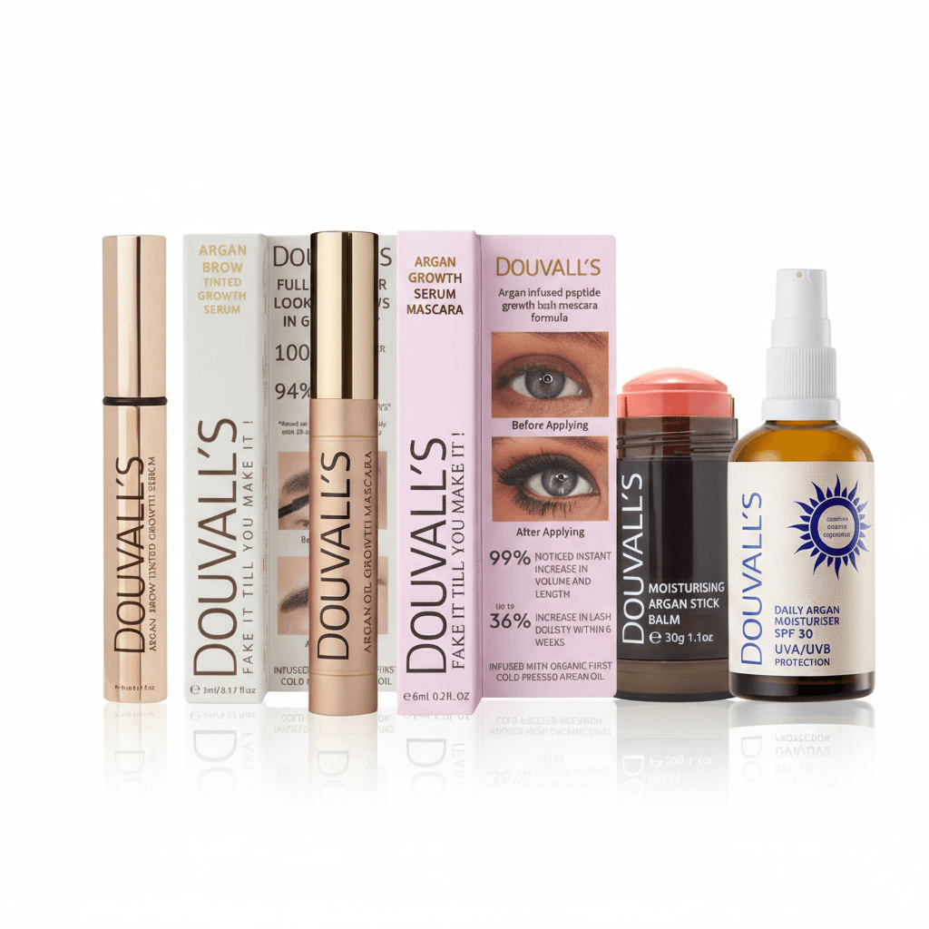 Argan beauty box items lined up: tinted serum, mascara, growth serum, oil and spray
