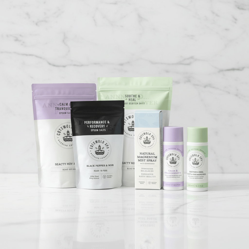 Wellness hamper set with three pouches, two deodorant sprays, and two bottles