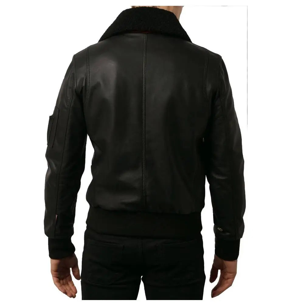 Men’s Black Fashion Leather Bomber Jacket-3