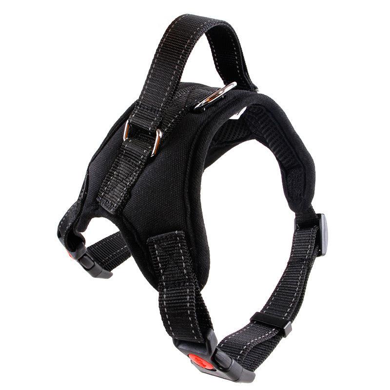All-black adjustable nylon dog harness with side buckle straps and metal ring