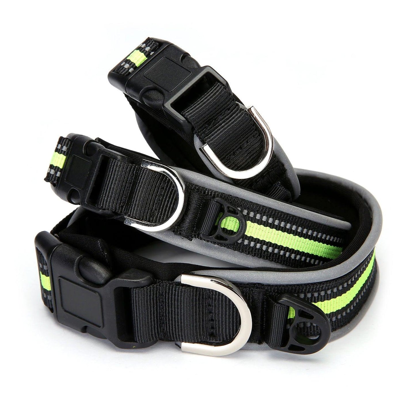 Reflective neoprene pet collar set in black with neon green reflective stripes and hardware