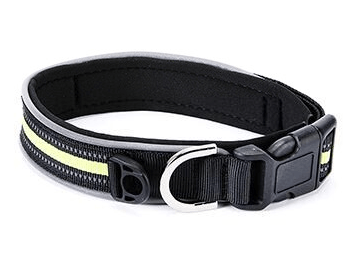 Reflective neoprene pet collar, black with neon green stripe, metal buckle and ring
