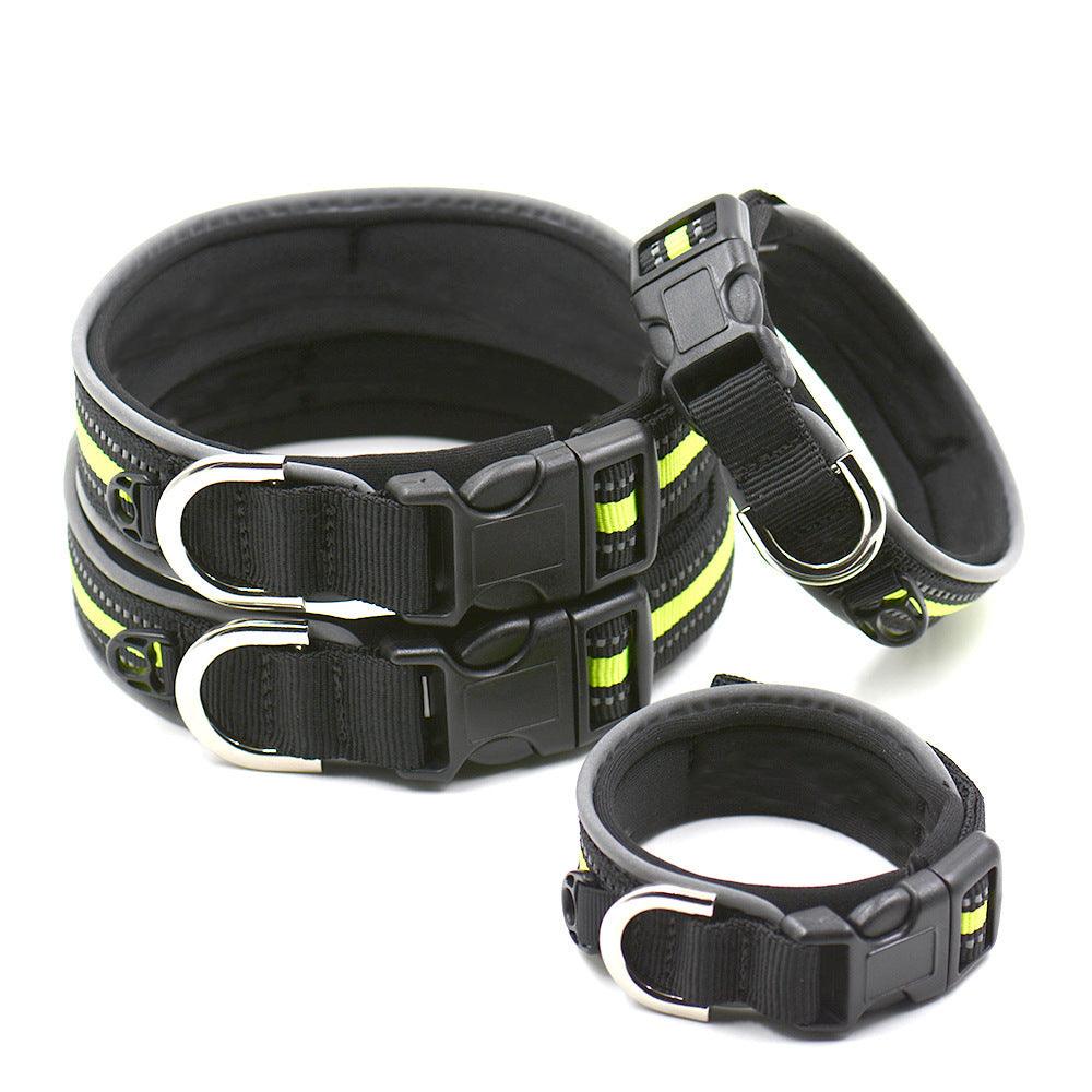Reflective neoprene pet collar in black with neon green reflective stripes and buckle