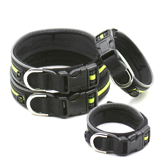 Reflective neoprene pet collar in black with neon green reflective stripes and buckle