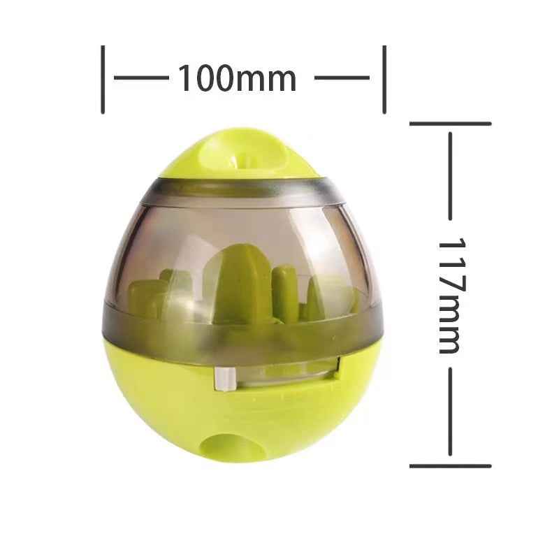 Green pet puzzle treat tumbler toy, 100mm wide and 117mm tall
