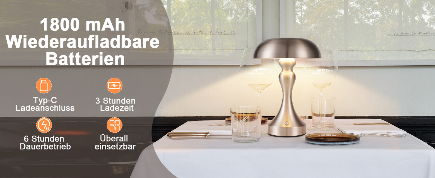 Table lamp, wireless battery-powered bedside lamp, LED table lamp, touch‑dimmable, retro vintage lamp with USB rechargeable nickel battery, table lamps for windowsill, living room, bedroom