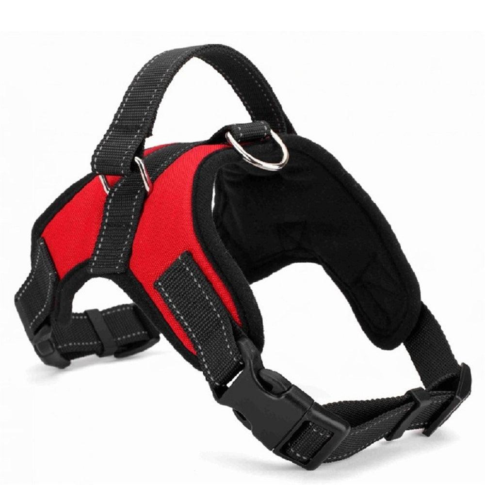 Red and black nylon dog harness with front chest strap and metal ring