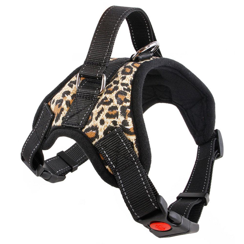 Leopard-print nylon dog harness with black straps and red safety button