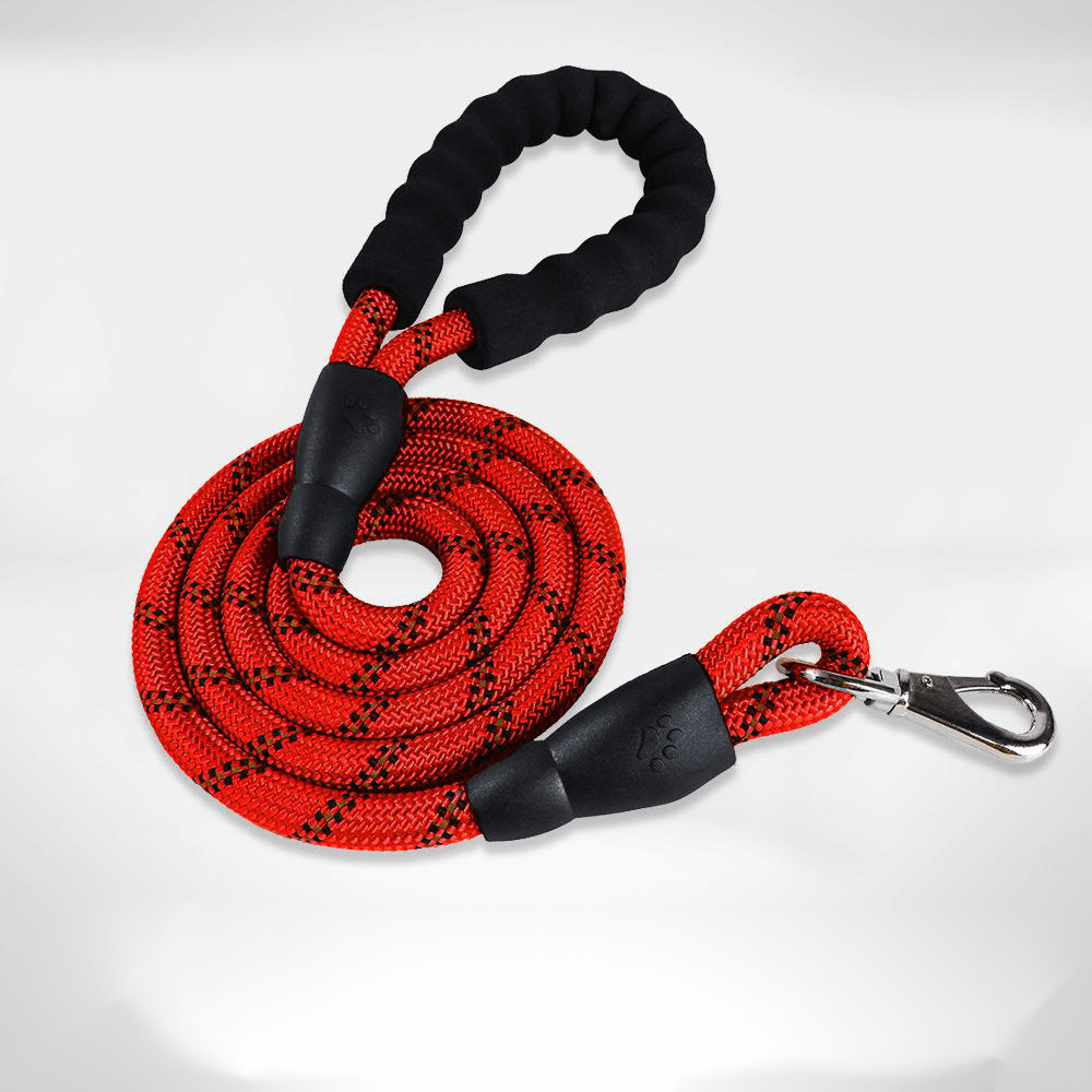Red and black braided nylon dog leash with padded handle and metal snap clasp