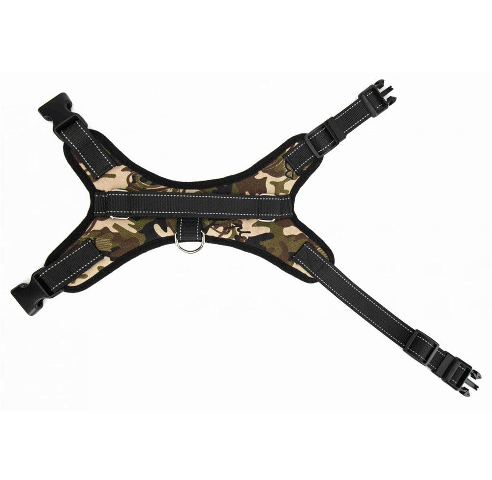 Camouflage nylon dog harness with front ring, stitched straps, and four buckles