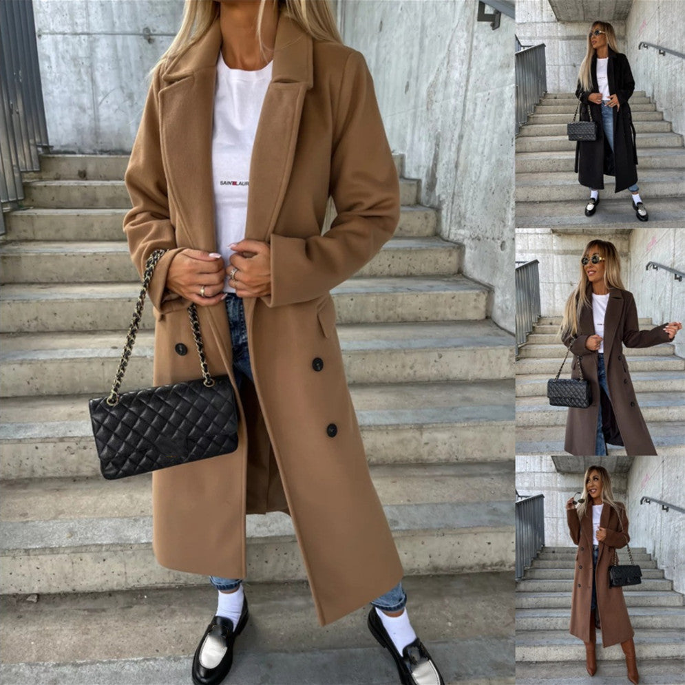 Double-breasted Lapel Split Jacket With Belt Winter Fashion Casual Long Sleeve Button Daily Coats For Women Clothing-0