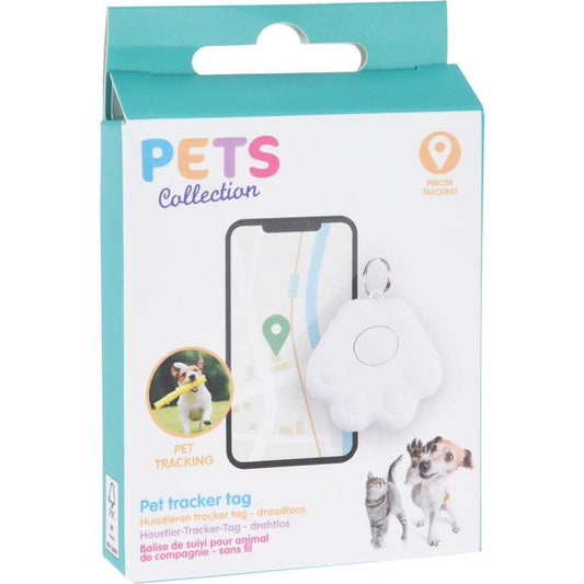 Wireless pet tracker tag in white paw-shaped holder shown in retail package