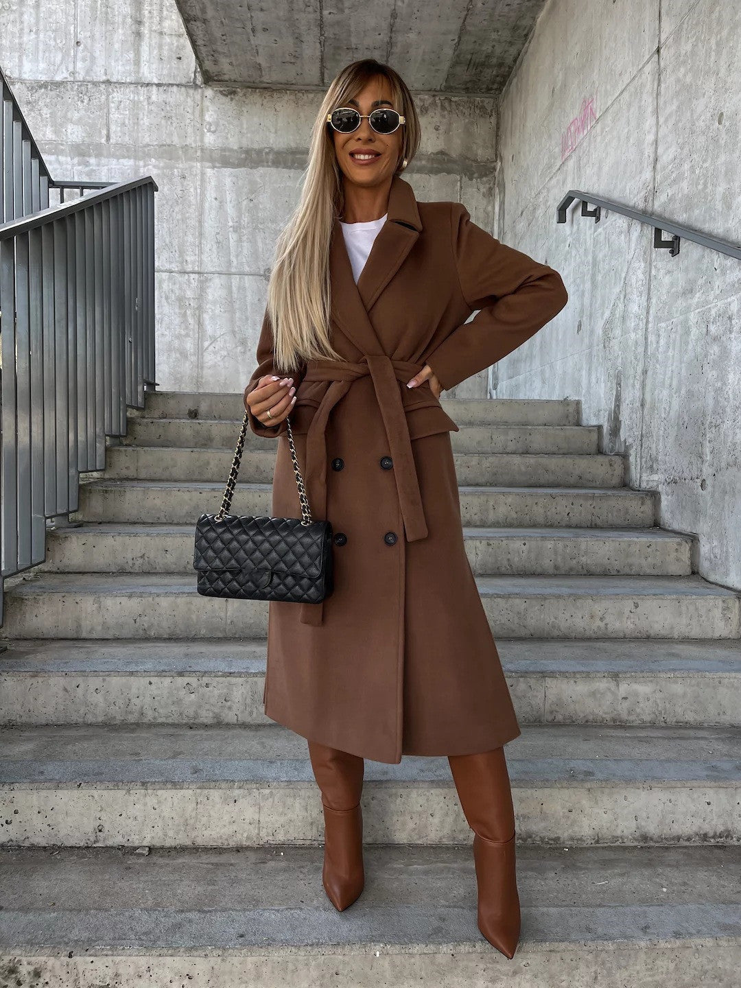 Double-breasted Lapel Split Jacket With Belt Winter Fashion Casual Long Sleeve Button Daily Coats For Women Clothing-7