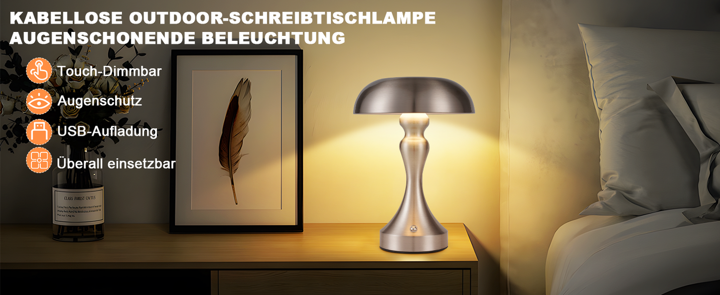 Table lamp, wireless battery-powered bedside lamp, LED table lamp, touch‑dimmable, retro vintage lamp with USB rechargeable nickel battery, table lamps for windowsill, living room, bedroom