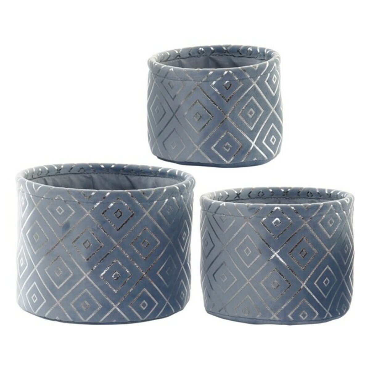 Wicker basket set of three blue-gray round baskets with diamond geometric pattern