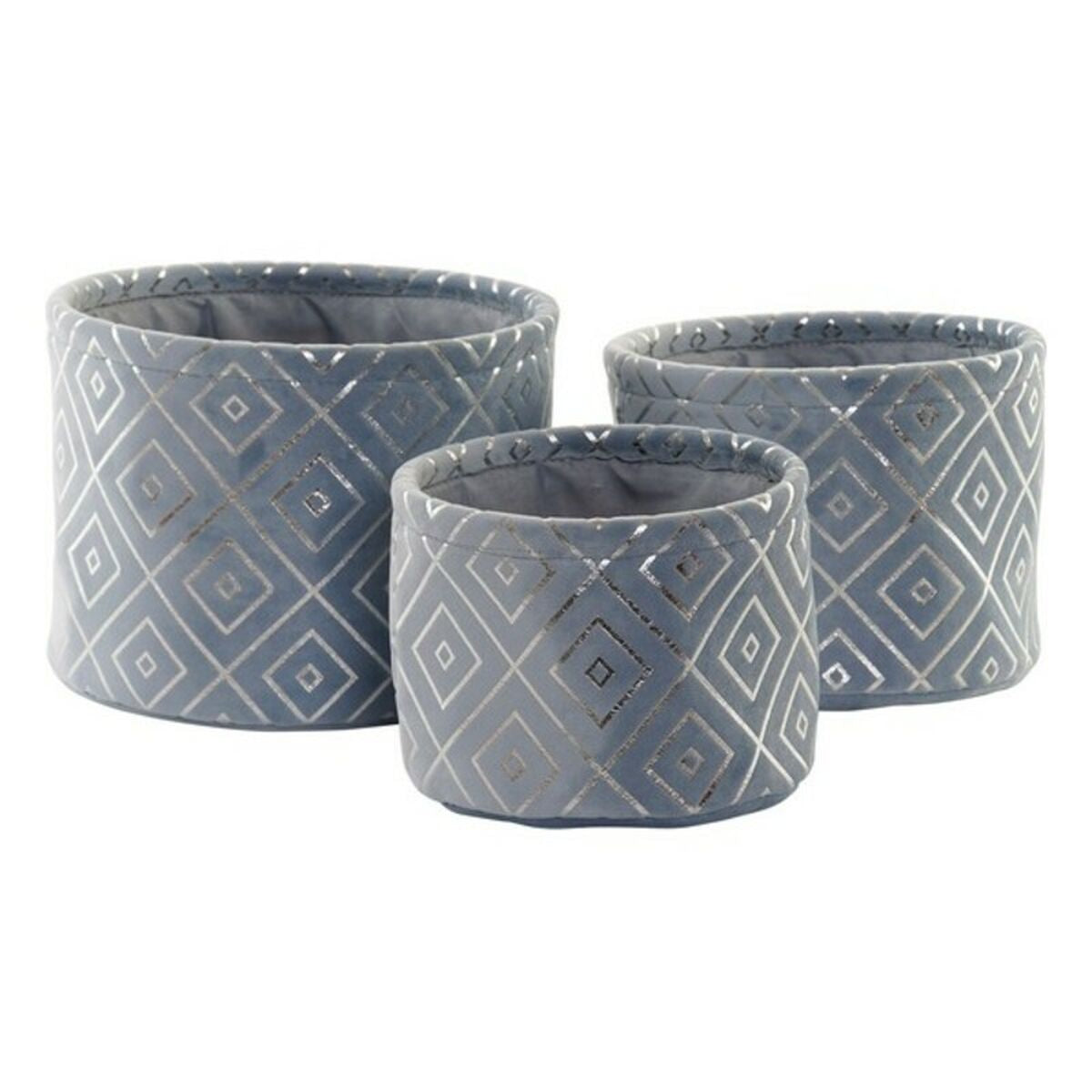 Wicker basket set with three blue-gray diamond pattern round baskets, stitched handles