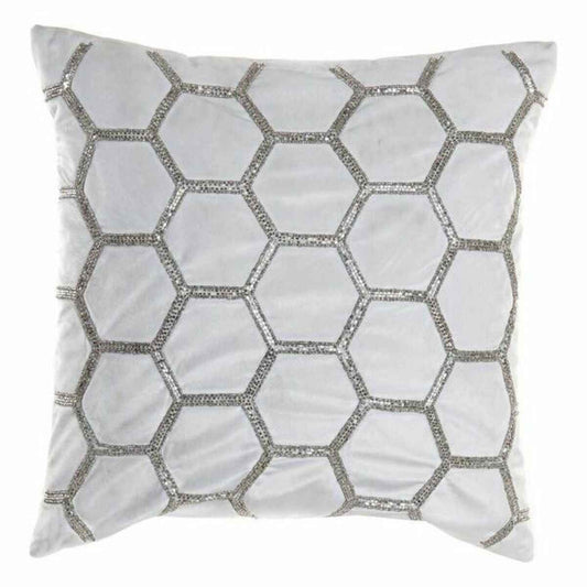 Velvet geometric cushion in light gray with silver beaded hexagon lattice pattern, square