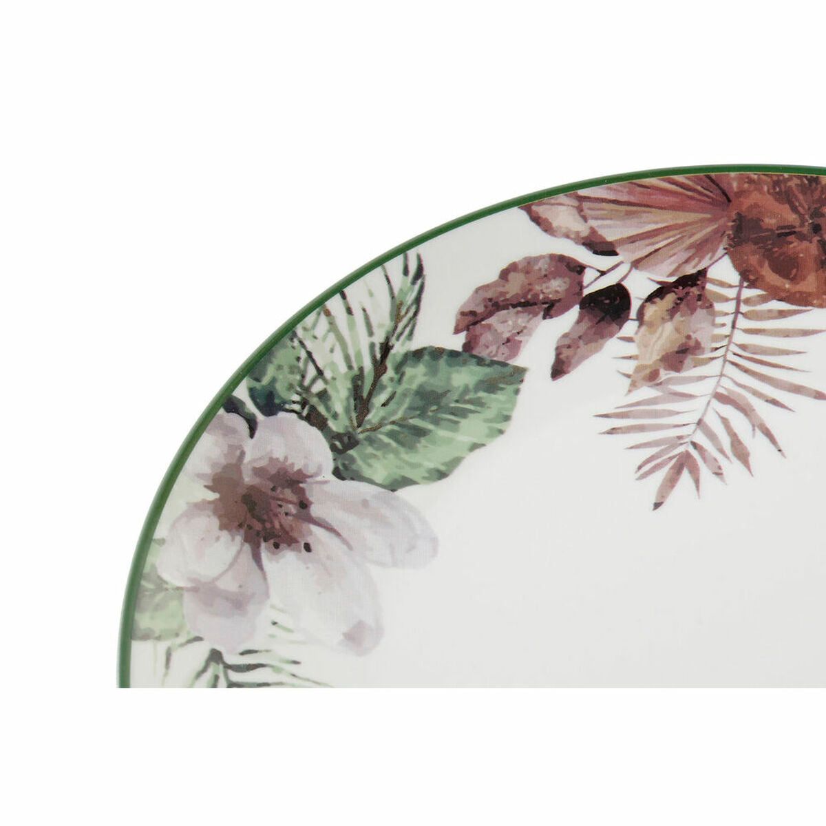 Floral porcelain dinner plate rim detail with green, pink, and brown botanicals