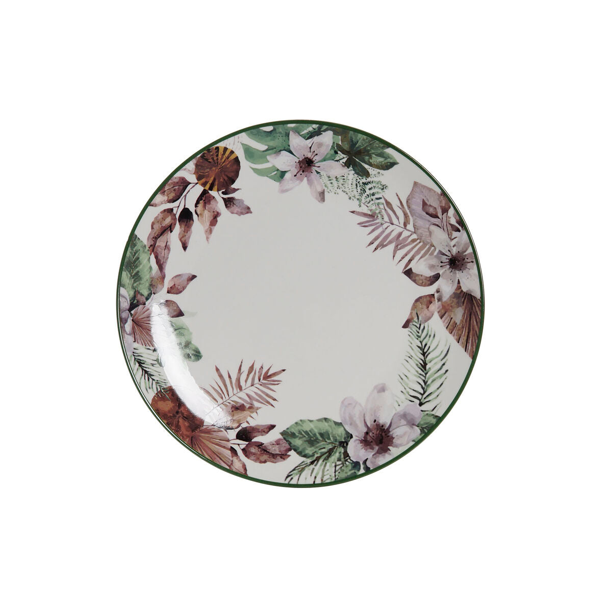 Floral porcelain dinner plate with white center and green leaf border