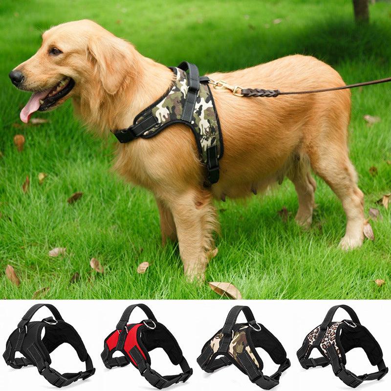 Adjustable dog harness set with camouflage, red, and black color options