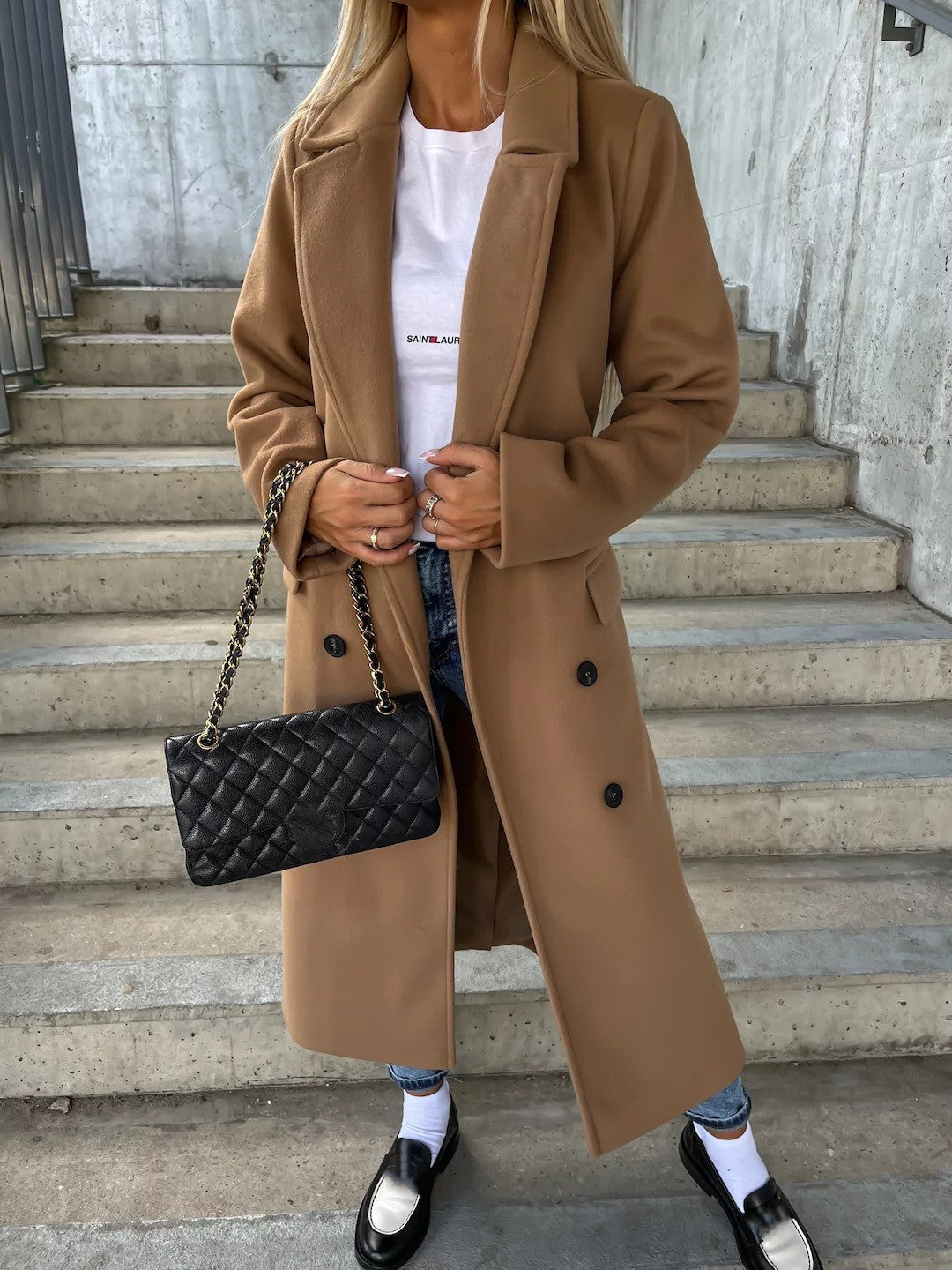 Double-breasted Lapel Split Jacket With Belt Winter Fashion Casual Long Sleeve Button Daily Coats For Women Clothing-8