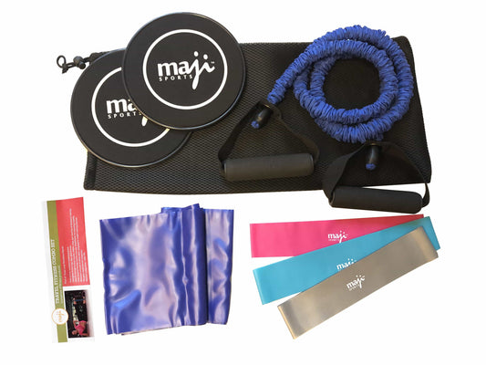 Fitness resistance training bundle with black discs, blue cord, and purple/blue bands
