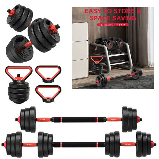 Adjustable weight set with black plates, red accents, barbell and kettlebell pieces