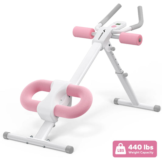 Foldable ab machine in pink and gray, side view with foam roller pads and handles