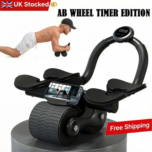 Black ab wheel core trainer with digital counter and phone holder