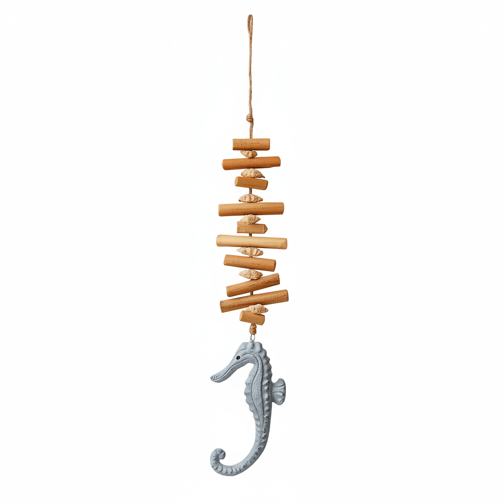 Driftwood seahorse wall hanging with stacked light wood blocks and gray seahorse figure