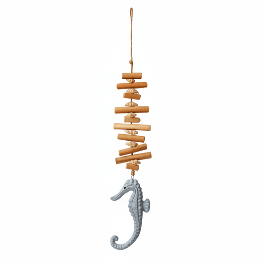 Driftwood seahorse wall hanging with stacked light wood blocks and gray seahorse figure