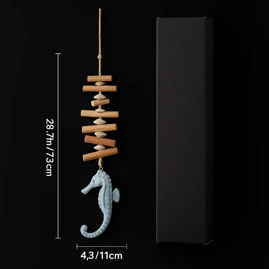 Driftwood seahorse wall decor with rope loop, stacked wood pieces, and gray seahorse charm