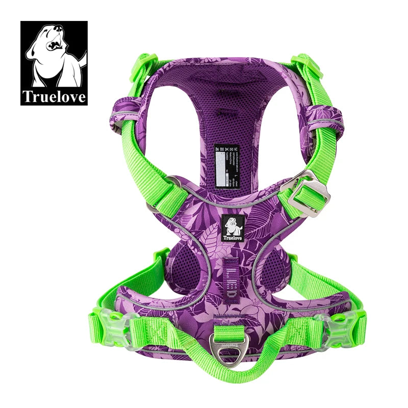 Dog harness in purple camouflage with neon green straps, front view with buckle details