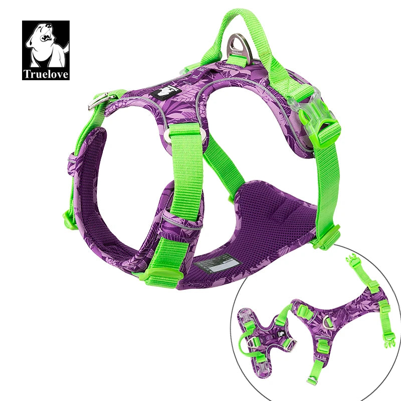 Dog harness purple camouflage with neon green straps, shown from side with metal hardware